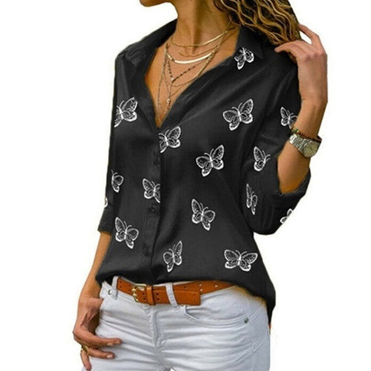 Damen nan lockere Longbluse mit Schmetterlingsprint und Hemdkragen EB