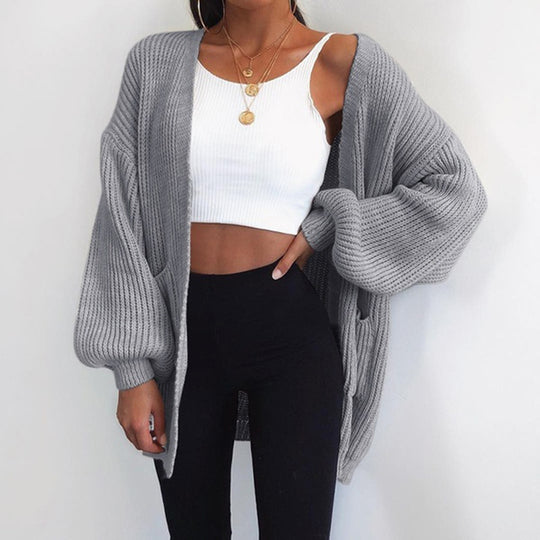 Damen Grobstrick-Cardigan mit weitem Schnitt und lässigen Puffärmeln EB