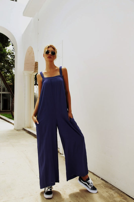 Damen Lässiger Jumpsuit mit weitem Bein und praktischen Taschen EB
