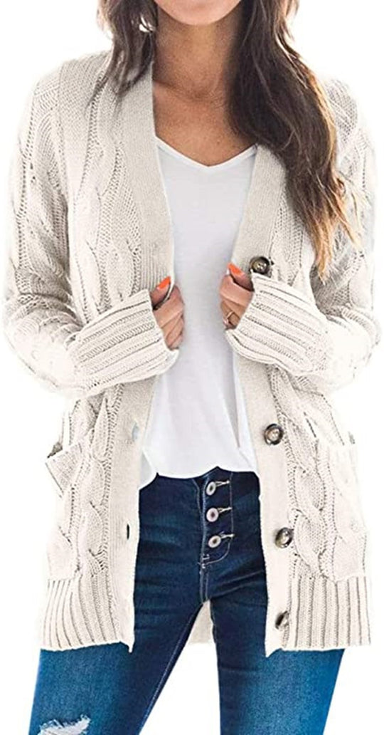 Damen Strickjacke mit grobem Zopfdesign und praktischen Taschen EB