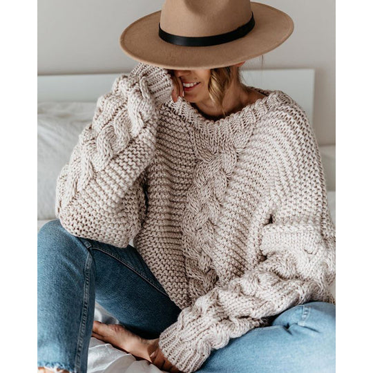 Damen Grobstrickpullover mit Zopfmuster und weiten Ärmeln EB