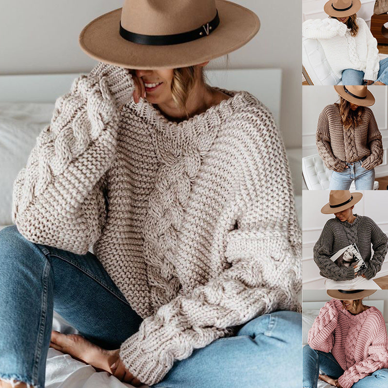 Damen Grobstrickpullover mit elegantem Zopfmuster und weitem Schnitt EB