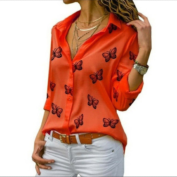 Damen nan lockere Longbluse mit Schmetterlingsprint und Hemdkragen EB