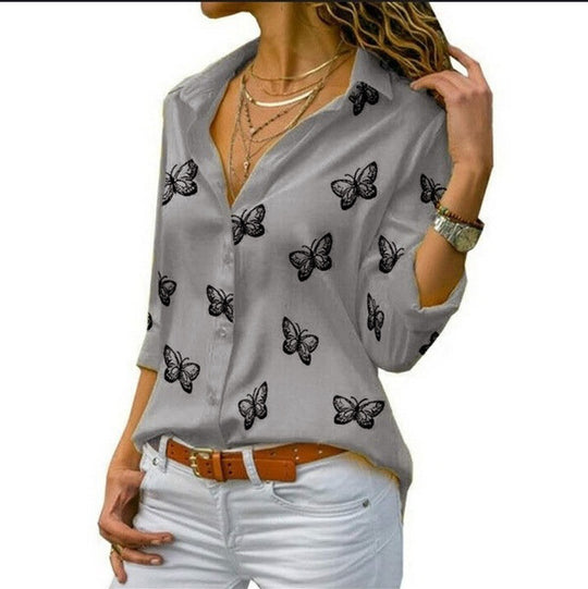 Damen nan lockere Longbluse mit Schmetterlingsprint und Hemdkragen EB