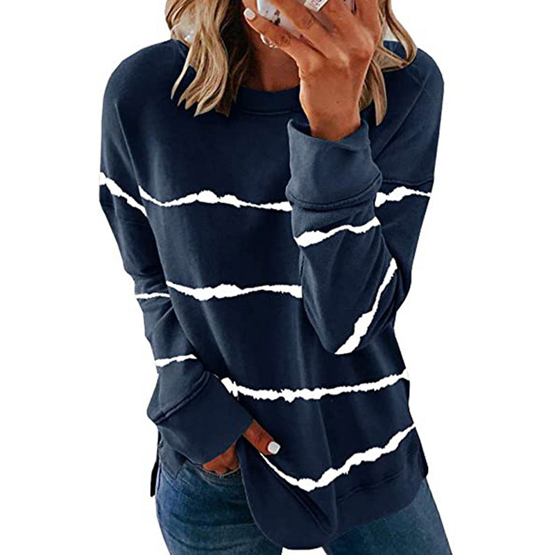 Damen nan lässiges Oversize-Sweatshirt mit wellenförmigem Streifenmuster Rundhals Seitenschlitzen und gerundetem Saum EB