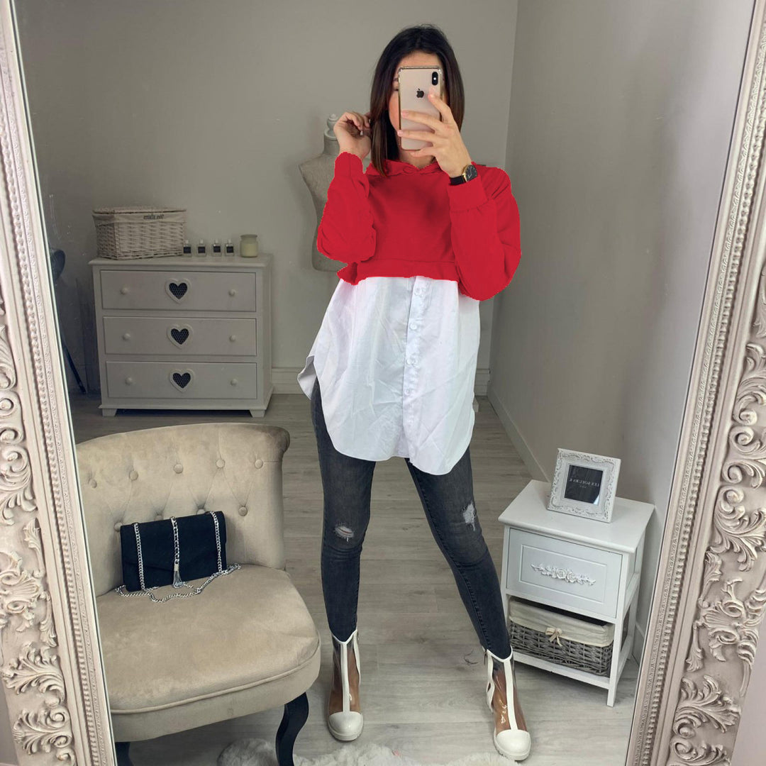 Damen Cropped Hoodie mit modischer Hemdbluse kombiniert EB