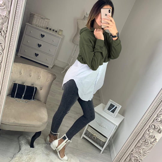 Damen Cropped Hoodie mit modischer Hemdbluse kombiniert EB