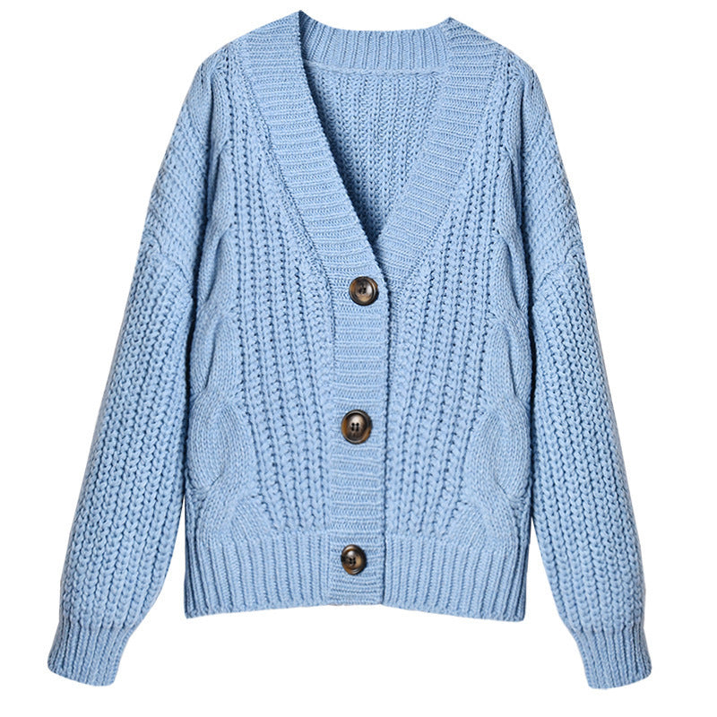 Damen Grobstrickjacke mit V-Ausschnitt und modischen Knöpfen EB