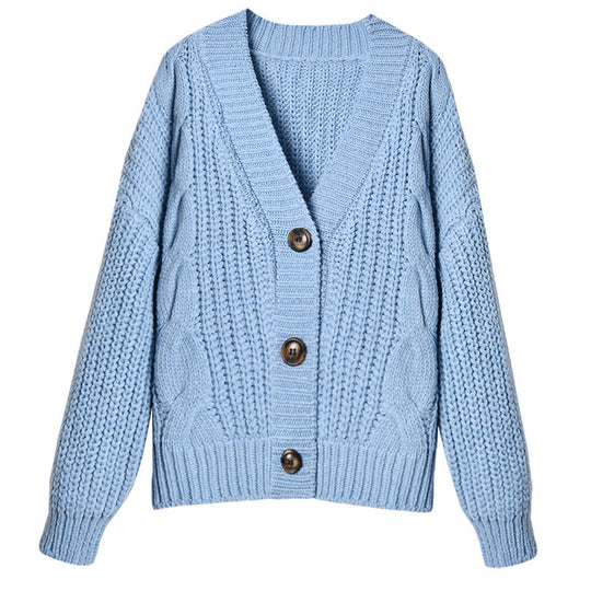 Damen Grobstrickjacke mit V-Ausschnitt und modischen Knöpfen EB