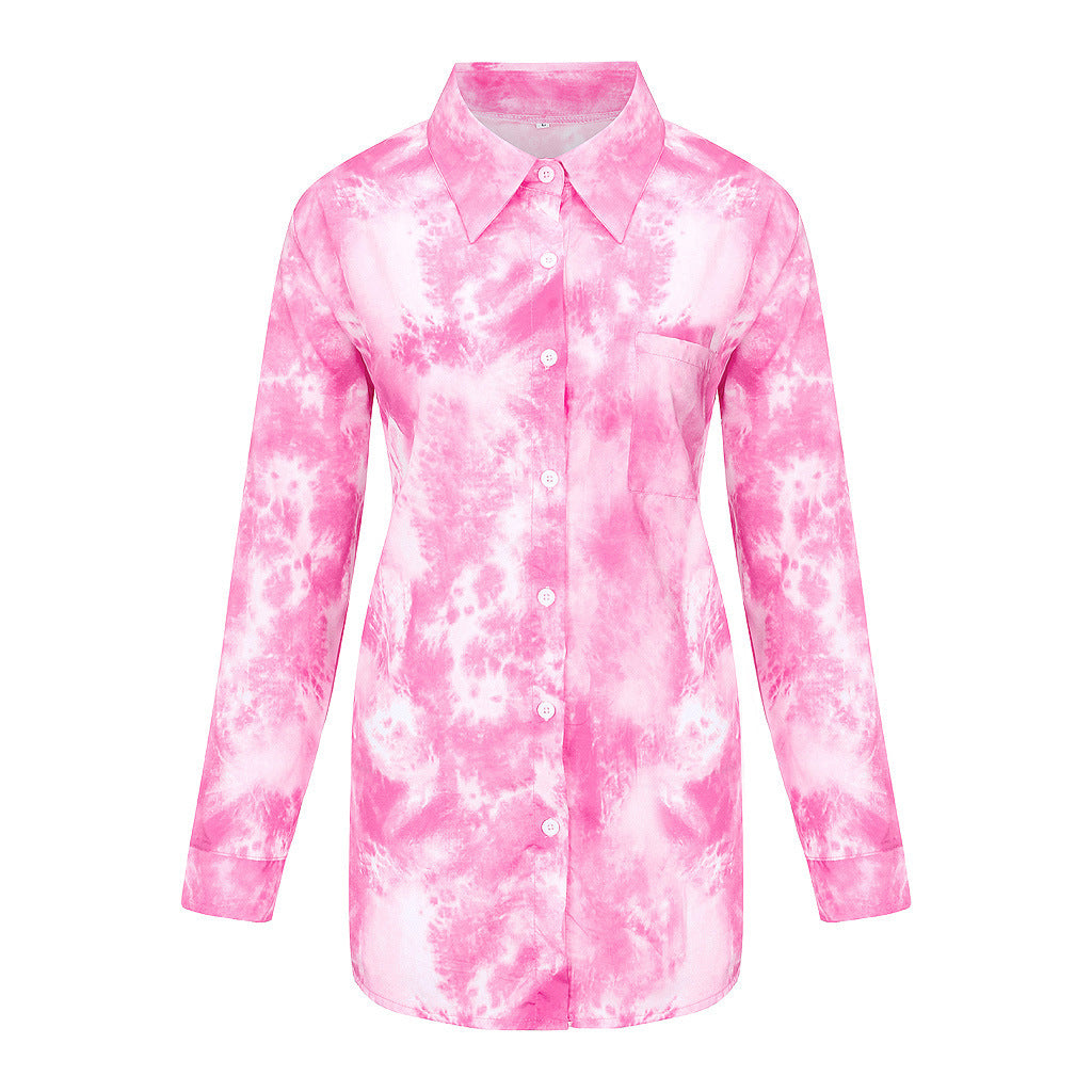 Damen Langarmhemd im kreativen Batikdesign mit Knopfleiste EB