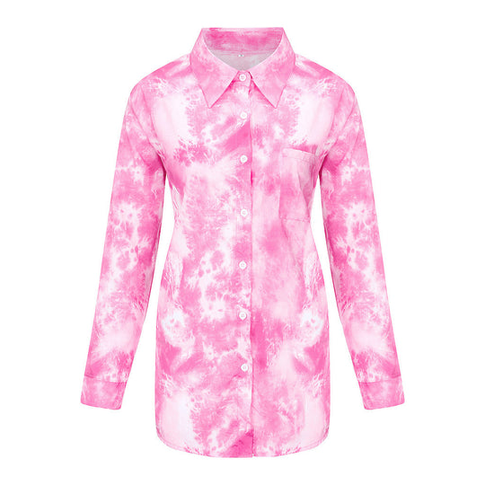 Damen Langarmhemd im kreativen Batikdesign mit Knopfleiste EB
