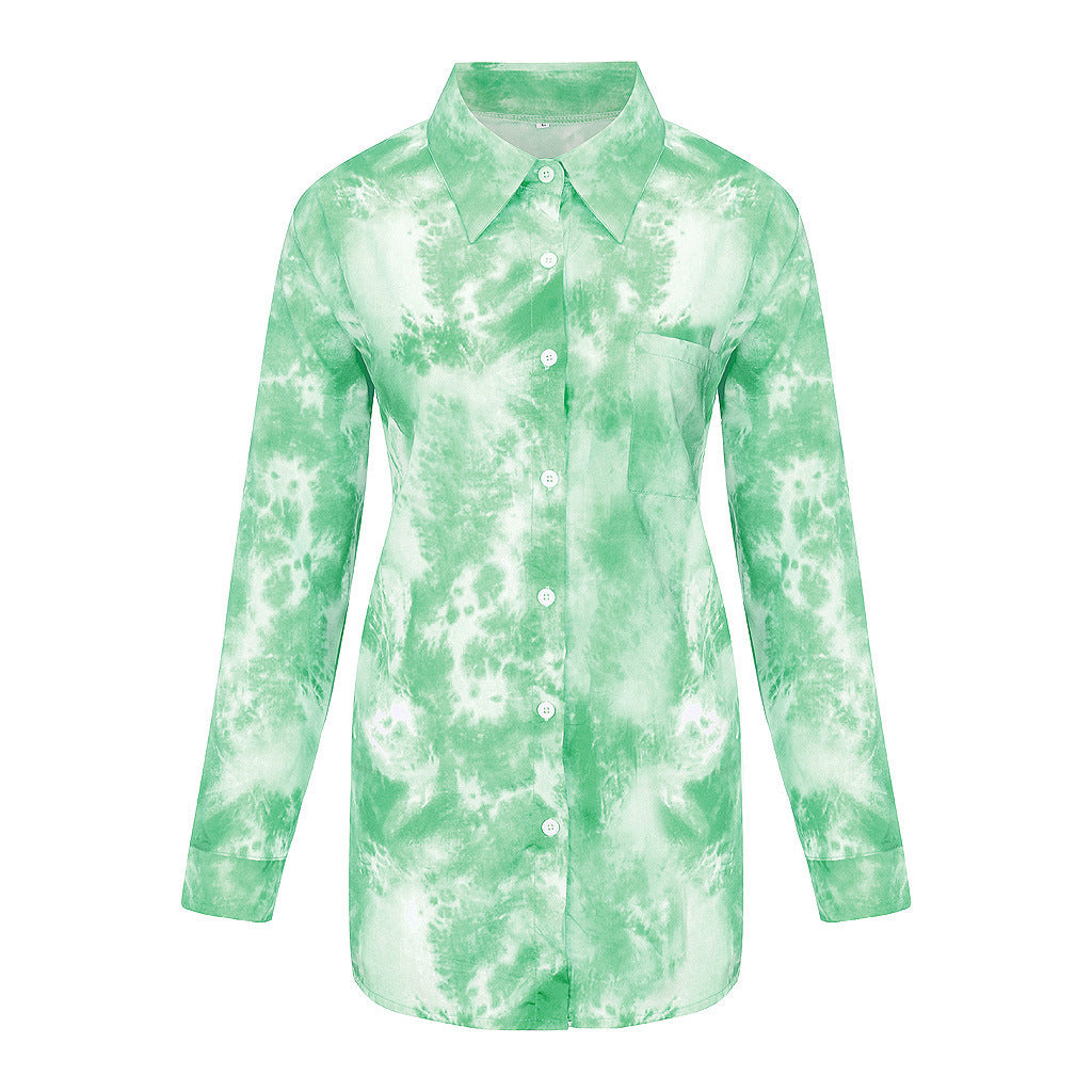 Damen Langarmhemd im kreativen Batikdesign mit Knopfleiste EB