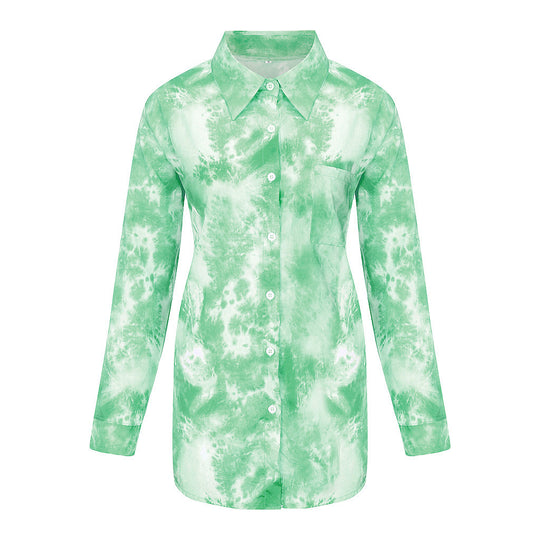 Damen Langarmhemd im kreativen Batikdesign mit Knopfleiste EB