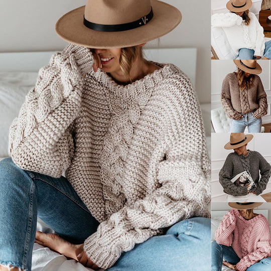 Damen Grobstrickpullover mit Zopfmuster und weiten Ärmeln EB