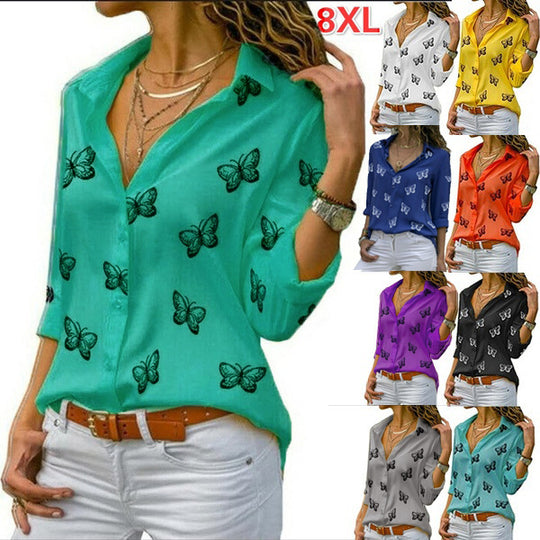 Damen nan lockere Longbluse mit Schmetterlingsprint und Hemdkragen EB