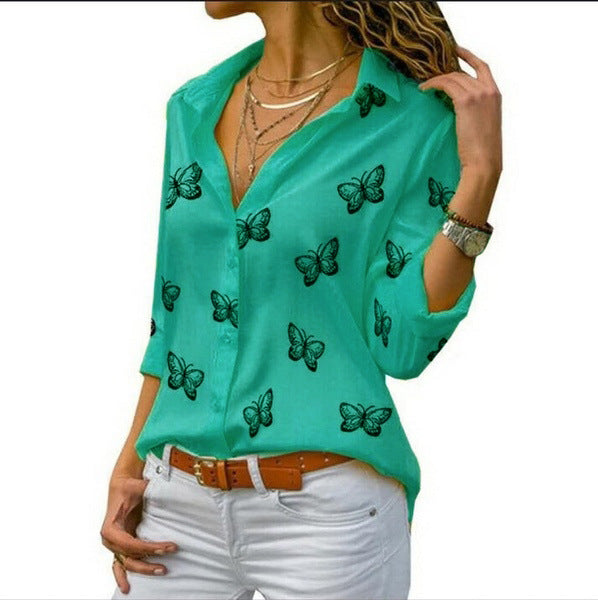 Damen nan lockere Longbluse mit Schmetterlingsprint und Hemdkragen EB