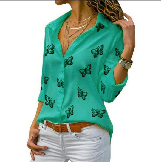 Damen nan lockere Longbluse mit Schmetterlingsprint und Hemdkragen EB