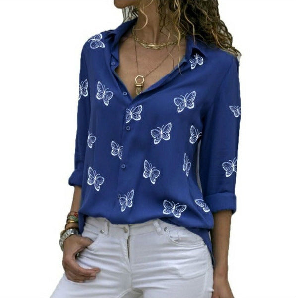 Damen nan lockere Longbluse mit Schmetterlingsprint und Hemdkragen EB
