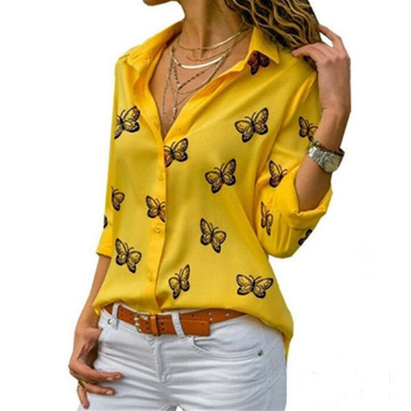 Damen nan lockere Longbluse mit Schmetterlingsprint und Hemdkragen EB