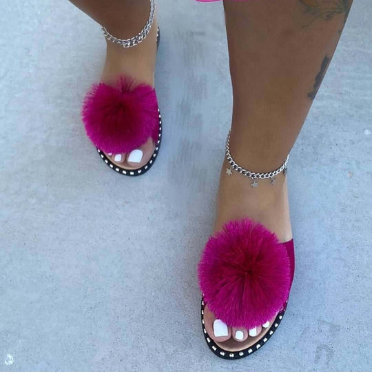 Damen nan Pompon-Pantolette mit softem Kunstfellball, Nietenrand und rutschfester Laufsohle EB