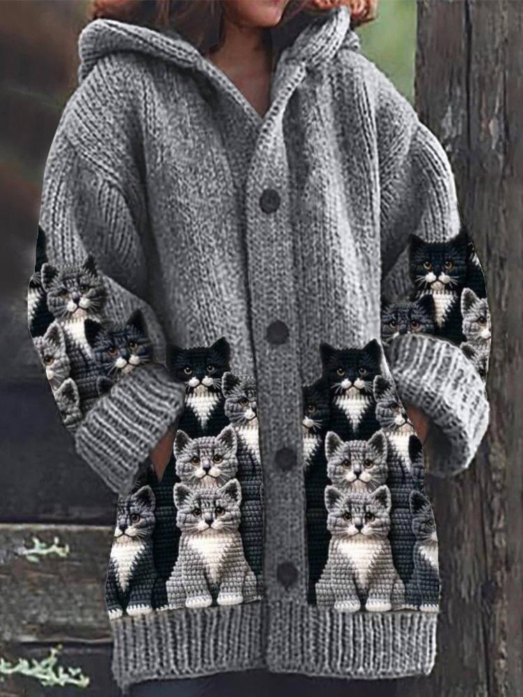 EB | Gemütlicher Gestrickter Katze Druck Cardigan