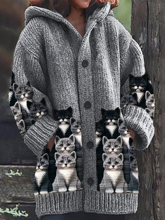 EB | Gemütlicher Gestrickter Katze Druck Cardigan