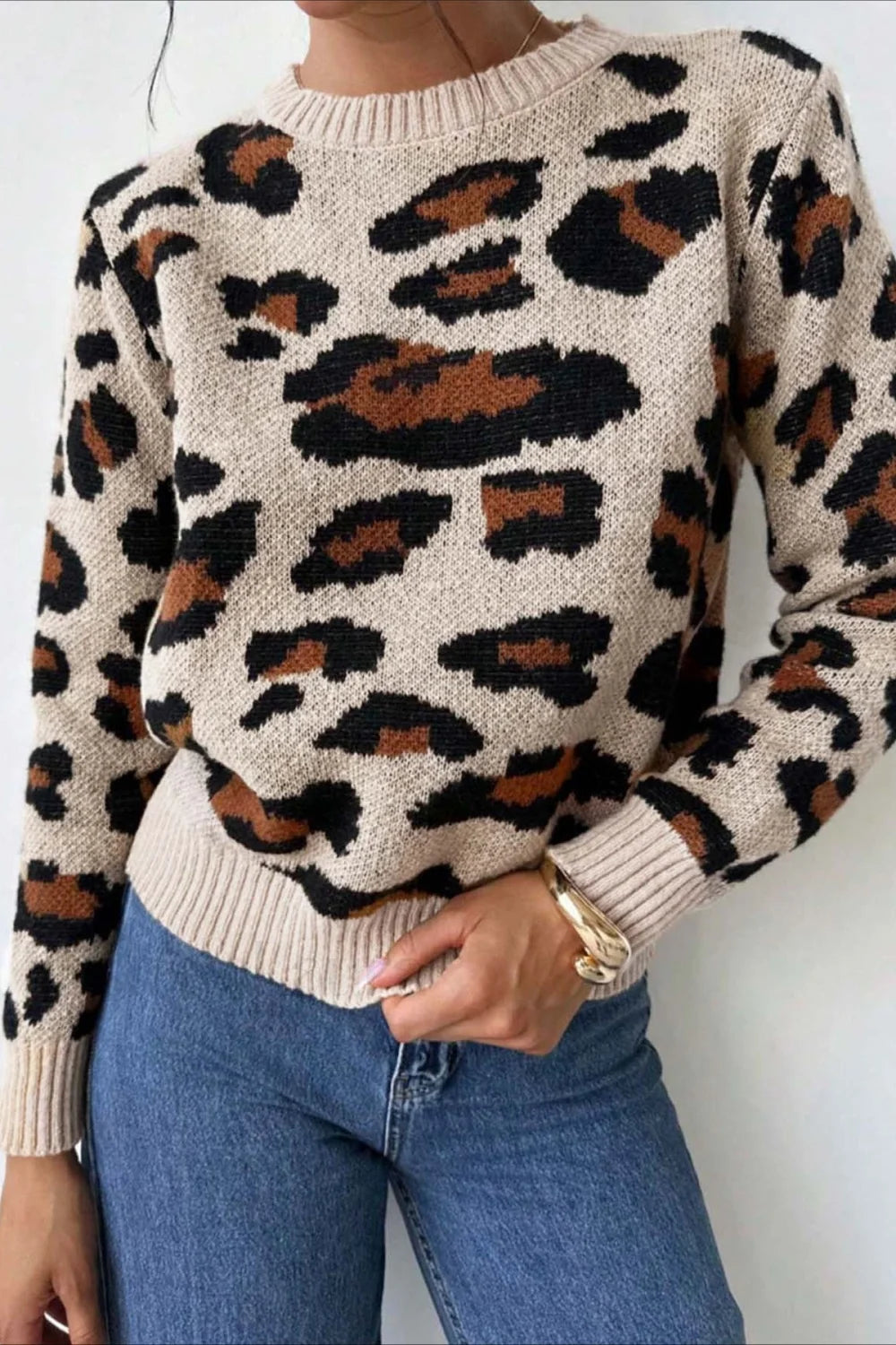 EB | Pullover mit Rundhalsausschnitt und Leopardenmuster in Blockfarben