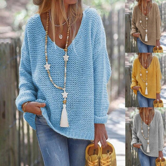 Damen legere Strickpullover mit moderner Schnittführung und V-Ausschnitt EB