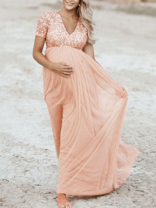 EB Schwangerschafts-Chaps Maxi-Fotoshooting-Kleider, elegante Pailletten, Tüll, Rosa, Babyparty