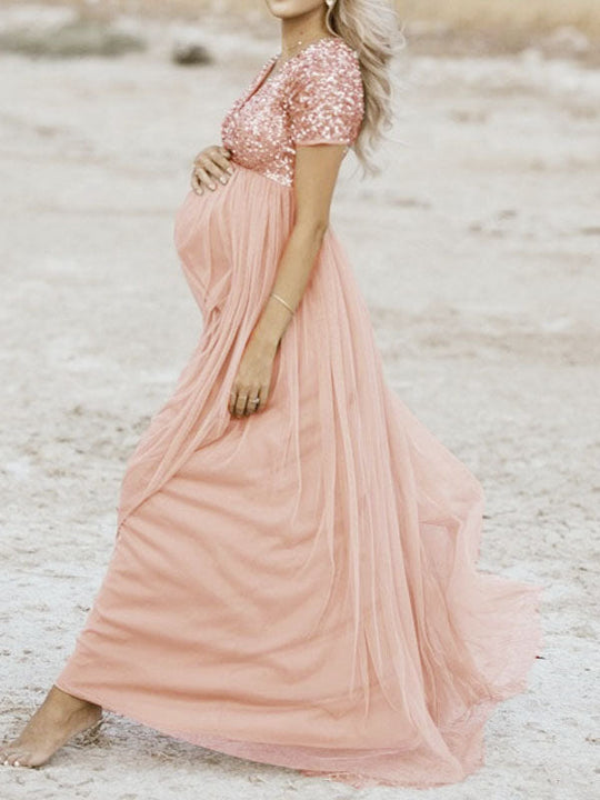 EB Schwangerschafts-Chaps Maxi-Fotoshooting-Kleider, elegante Pailletten, Tüll, Rosa, Babyparty