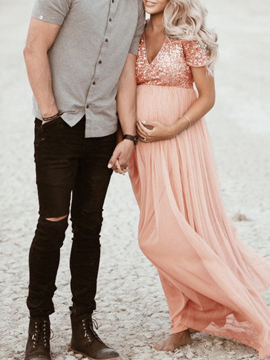 EB Schwangerschafts-Chaps Maxi-Fotoshooting-Kleider, elegante Pailletten, Tüll, Rosa, Babyparty