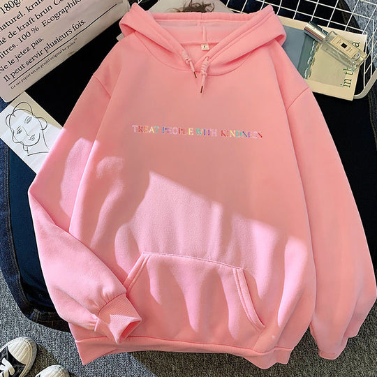 Damen nan lässiger Oversize-Kapuzenpullover mit holografischem Schriftzug, Kängurutasche und angerautem Fleece EB