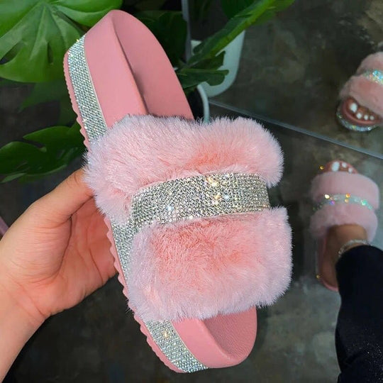 Damen luxuriöse Hausschuh-Sandalen mit funkelnden Strasssteinen und weichem Kunstfell EB