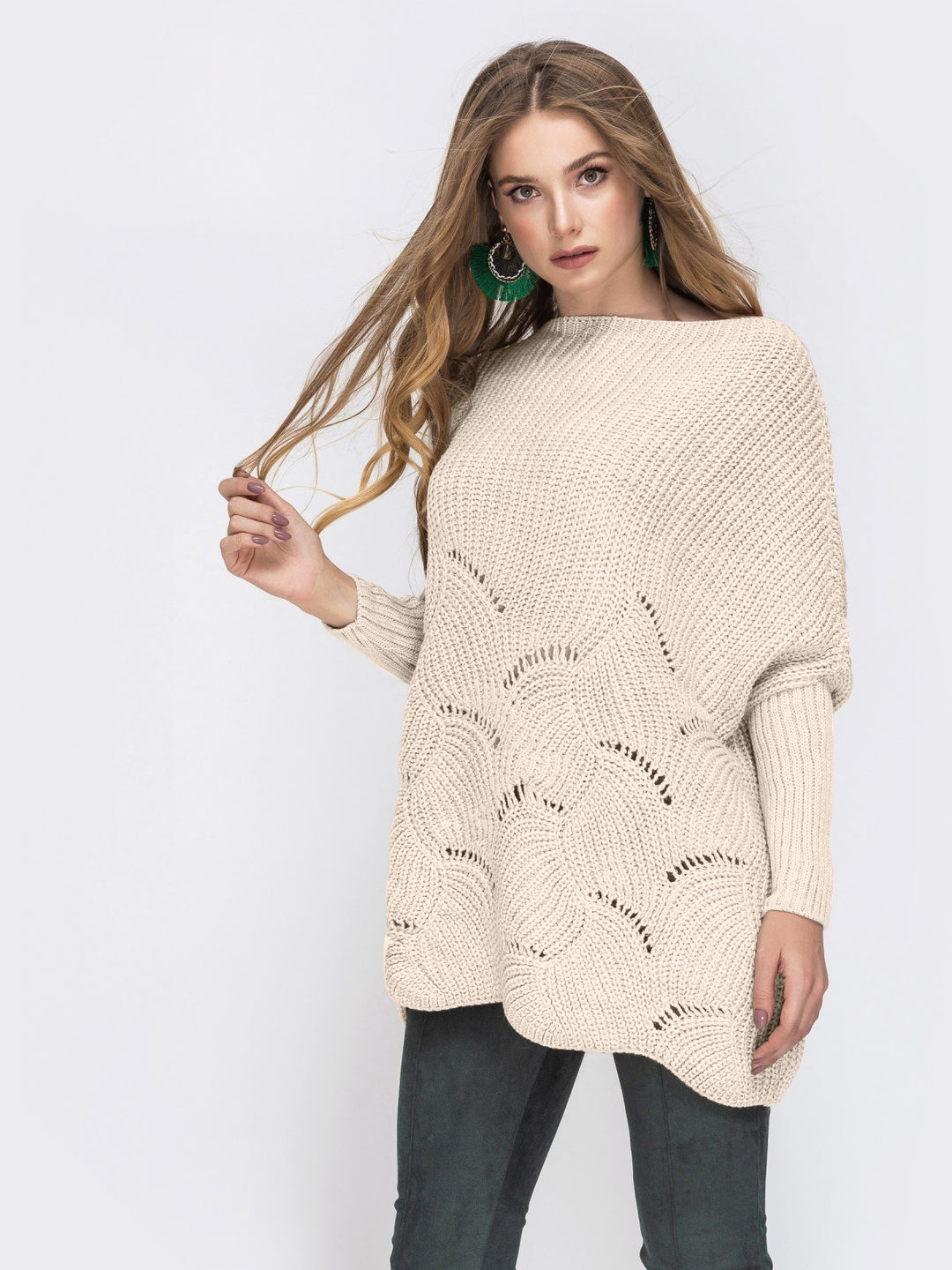 Damen Strickpullover mit luftigem Häkelmuster EB