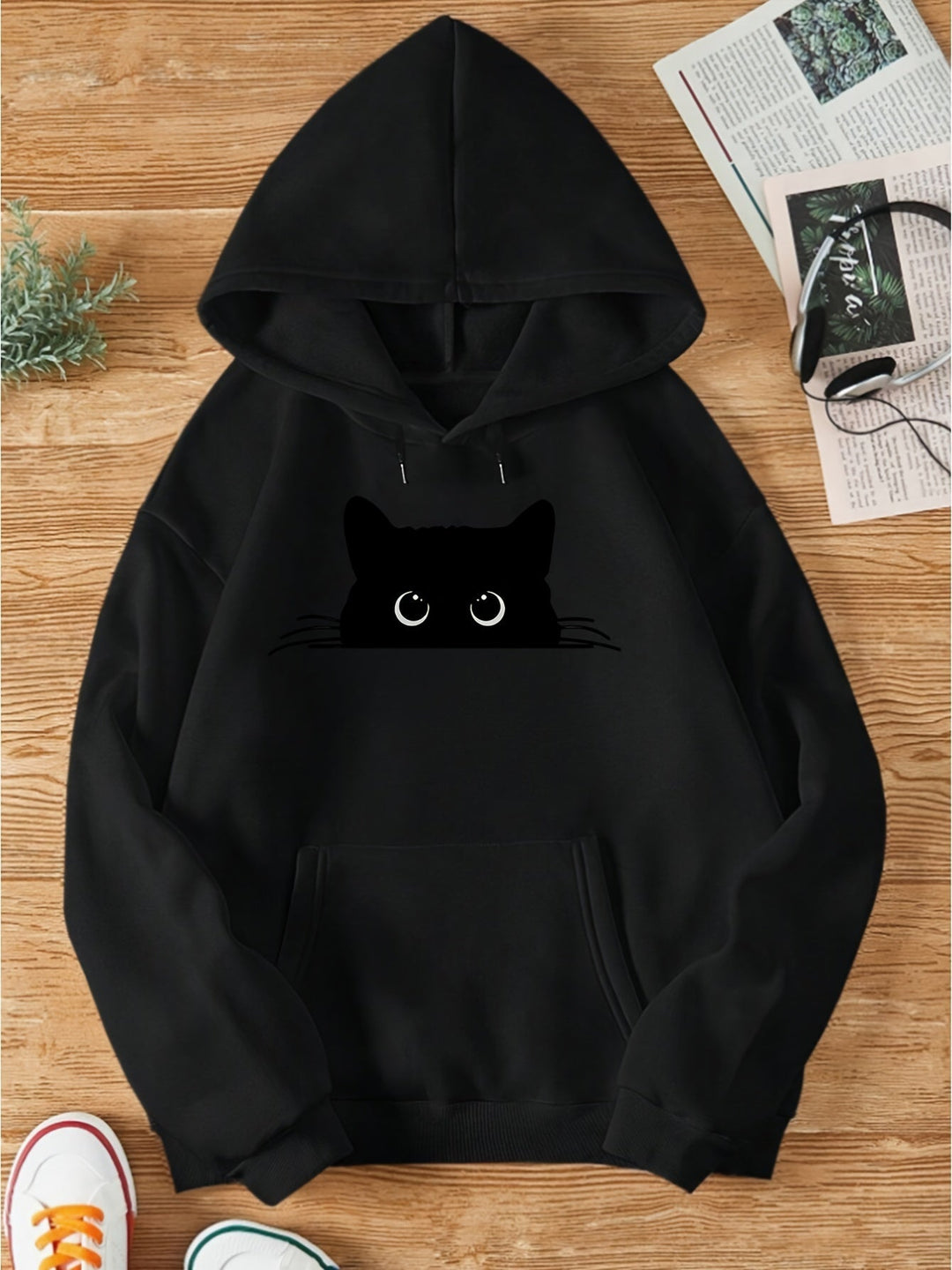 EB | Sweat Pullover Hoodie mit Katzenprint und Kapuze für Frauen Perfekt für lässige Tage