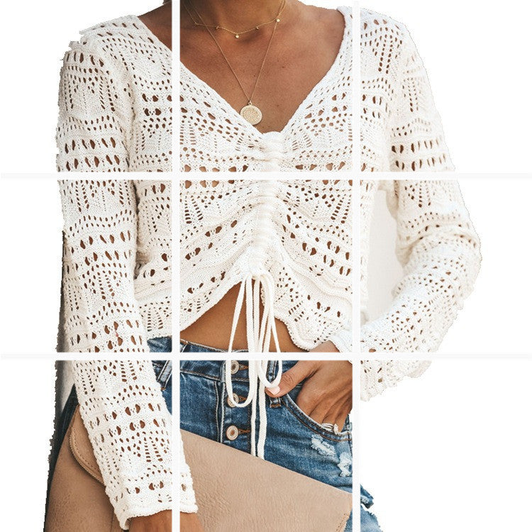 Damen luftige Strickjacke mit raffiniertem Lochmuster und Kordelzug EB
