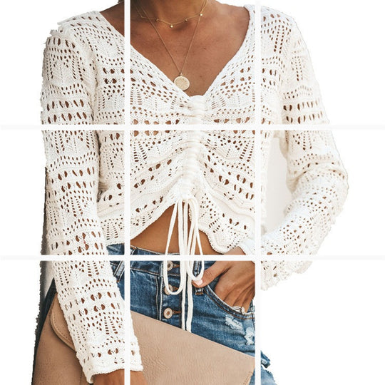Damen luftige Strickjacke mit raffiniertem Lochmuster und Kordelzug EB