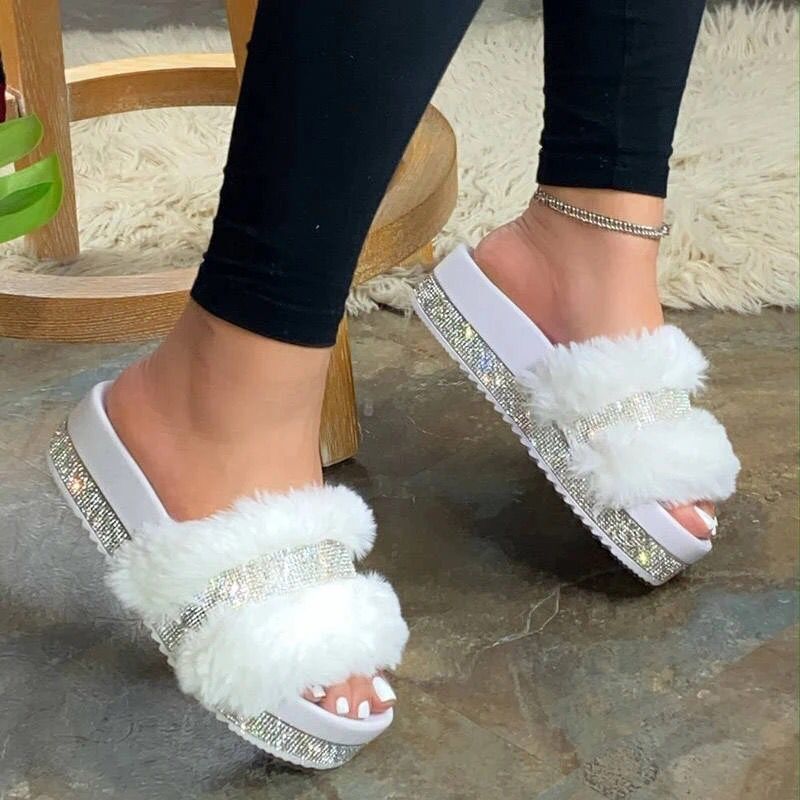 Damen luxuriöse Hausschuh-Sandalen mit funkelnden Strasssteinen und weichem Kunstfell EB