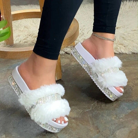 Damen luxuriöse Hausschuh-Sandalen mit funkelnden Strasssteinen und weichem Kunstfell EB