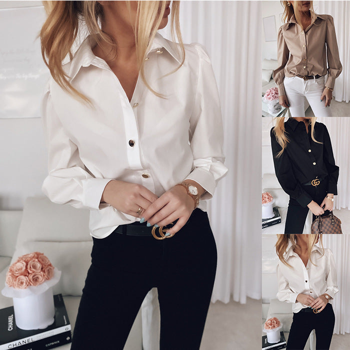 Damen Elegante Langarm-Bluse mit Perlmuttknöpfen und dezent gerafften Schultern EB