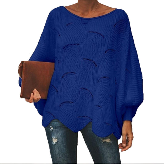 Damen Oversize Strickpullover mit romantischem Wellenmuster EB