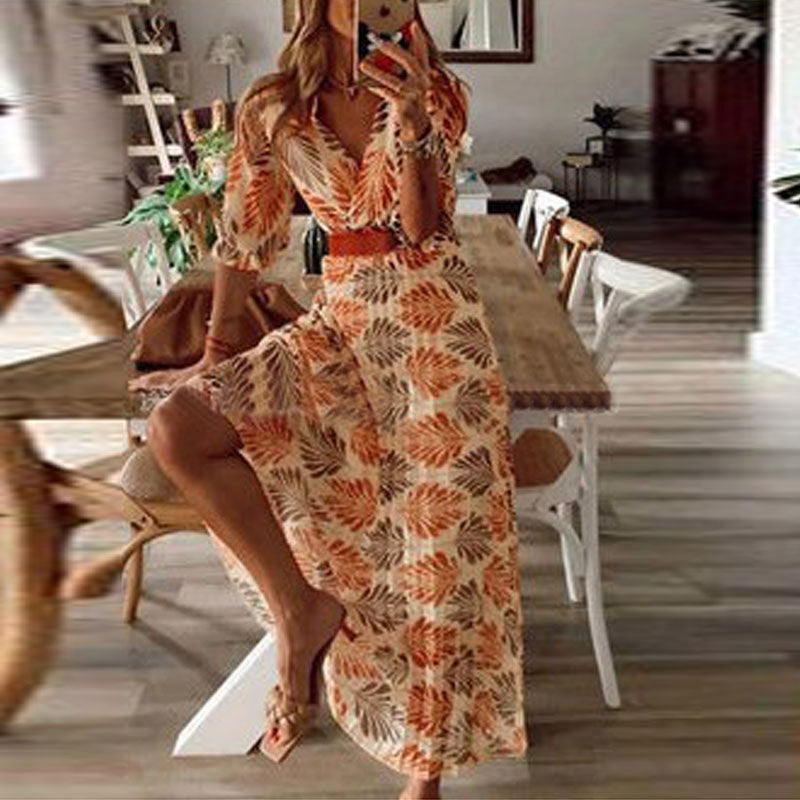 Damen Maxikleid mit botanischem Druck und eleganter Wickeloptik EB