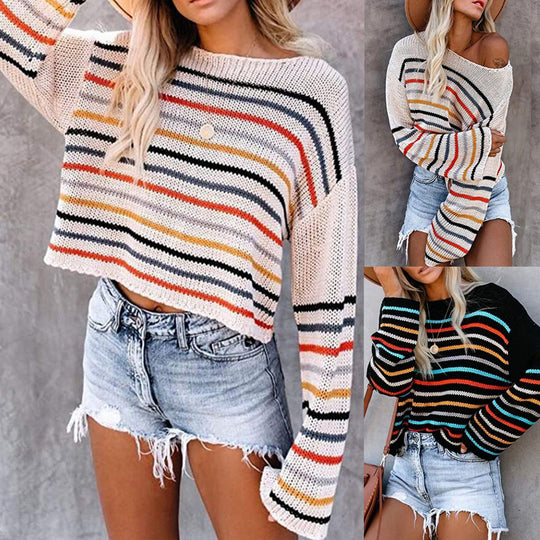 Damen Off-Shoulder Strickpullover mit buntem Streifenmuster EB