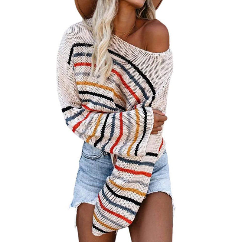 Damen Off-Shoulder Strickpullover mit buntem Streifenmuster EB