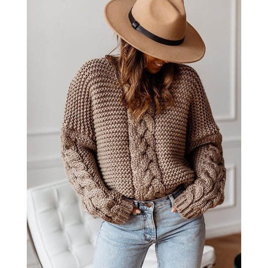 Damen Grobstrickpullover mit Zopfmuster und weitem Schnitt EB