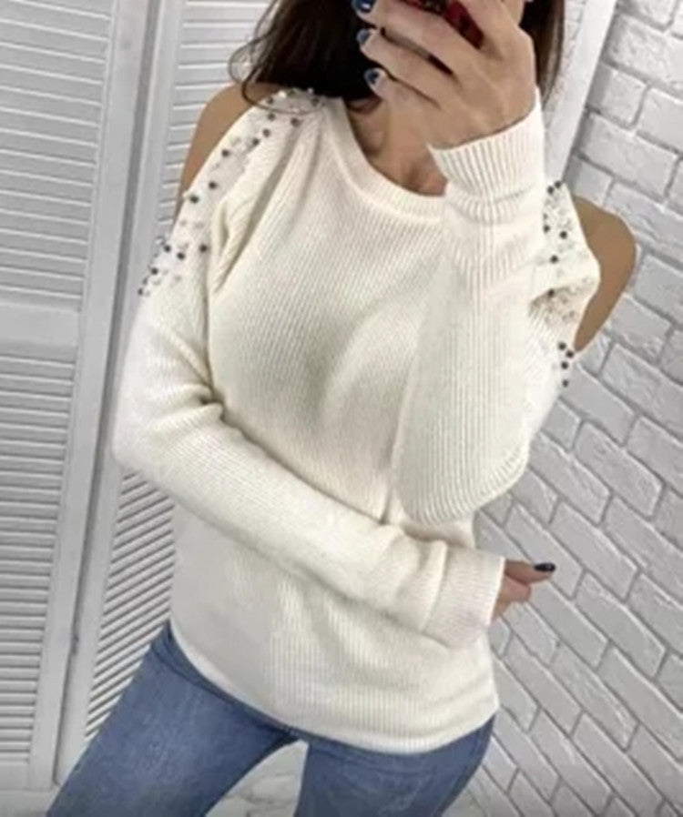 Damen modischer Strickpullover mit einzigartigen Schulterdetails und Perlendekoren EB
