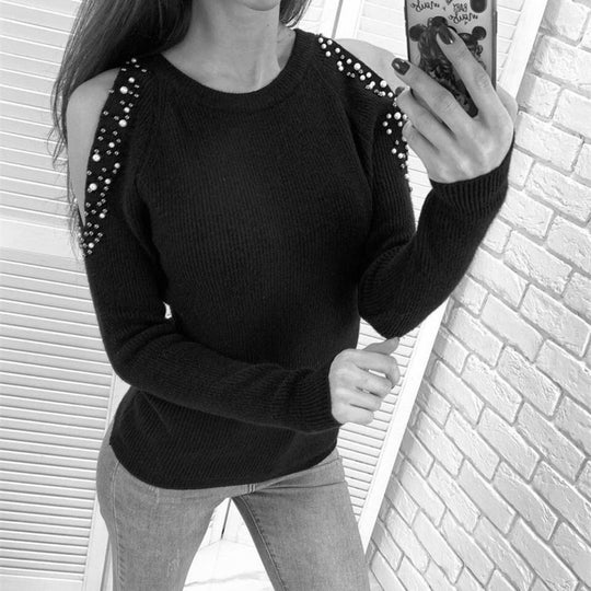 Damen modischer Strickpullover mit einzigartigen Schulterdetails und Perlendekoren EB
