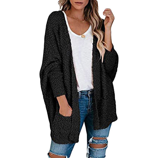 Damen gemütliche Strickjacke mit voluminösen Ärmeln und praktischen Taschen EB