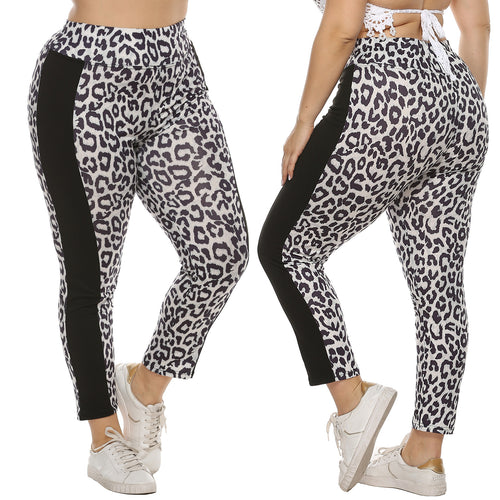 Damen figurbetonte Leggings mit Animal Print und seitlichen Kontraststreifen EB