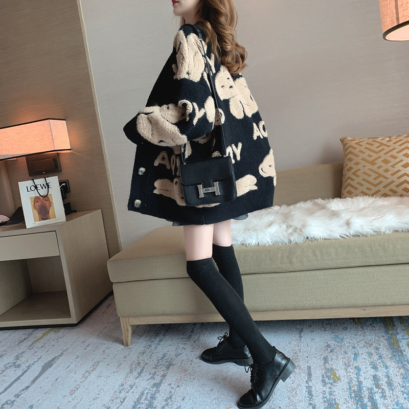Damen oversized Strickjacke mit tierischem Design und Knopfverschluss EB